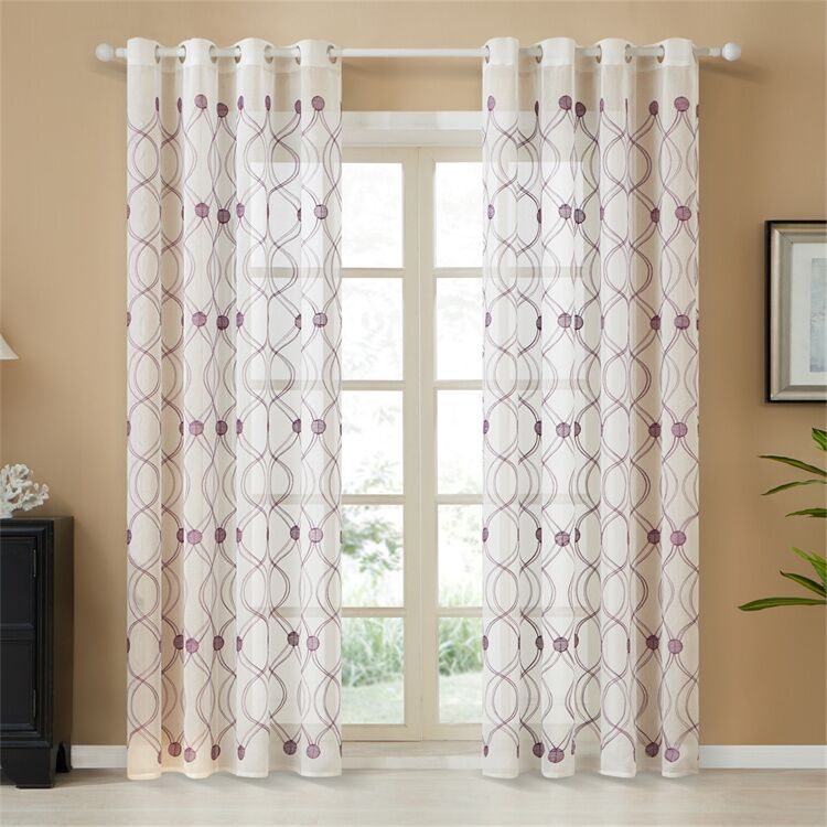 Popular Modern Style White and Purple Geometric Embroidery Sheer Curtain