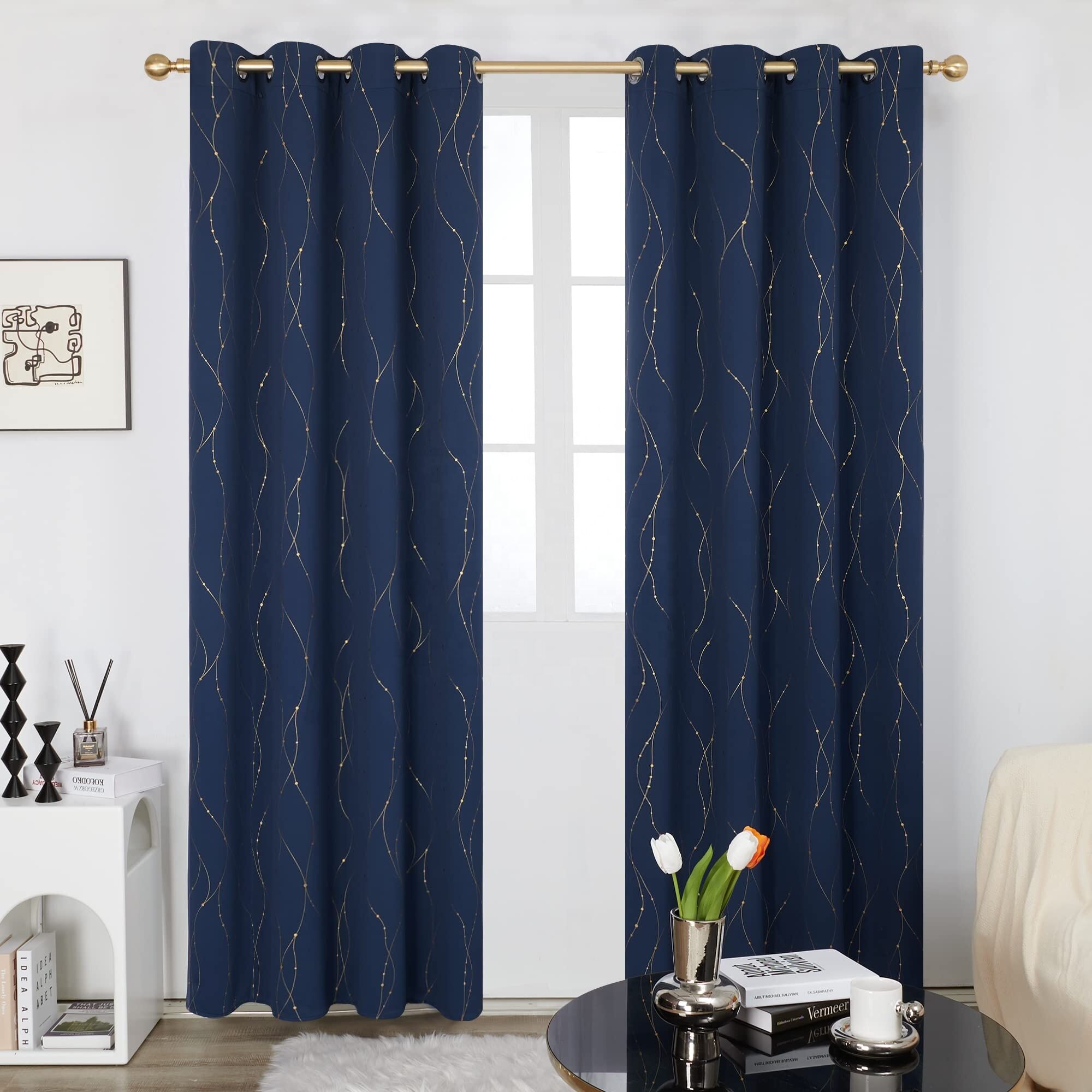 Wholesale High Quality Navy Blue and Gold Living Room Darkening Curtains Woven Plant Pattern with Grommets Blackout Drapes