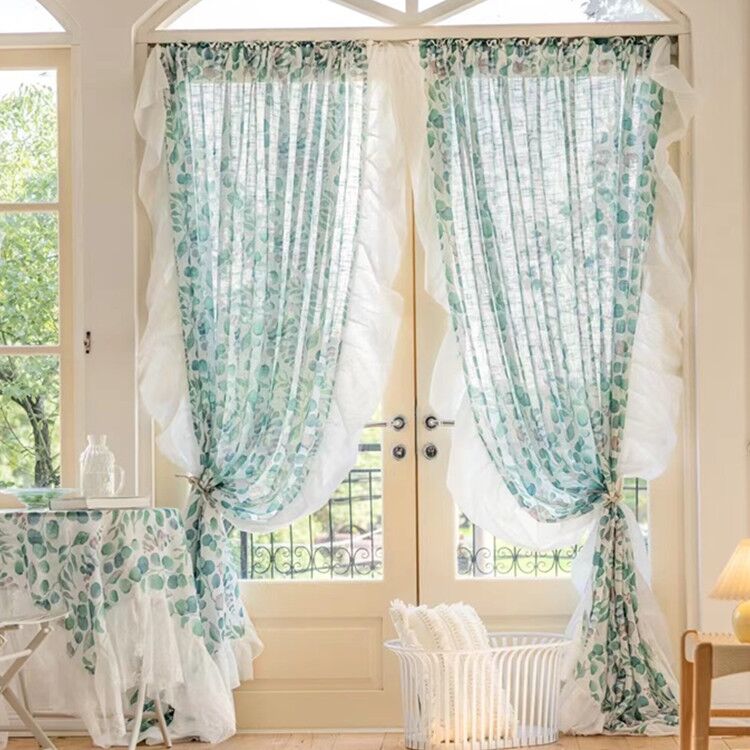 Modern Floral Digital Print Polyester Linen Look Fabric Ruffle Elegant Sheer Curtain with Woven Technics Wholesale Format Rope